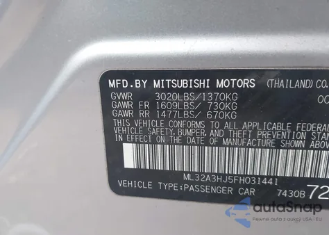 2015 Mitsubishi Mirage De/Rf from USA, damaged, VIN ML32A3HJ5FH031441
